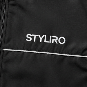 Styliro Custom Reflective <b>Windbreaker</b> Set - Premium <b>Black</b> Streetwear with White Piping - Product Image 3