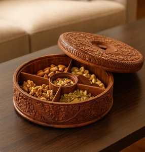 Handmade Polished <b>Wooden</b> <b>Square</b> Tray Carved Floral Design Divided Compartments Multifunction for Nuts Dried Fruits Tabletop - Product Image 1