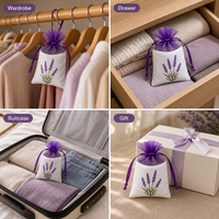 Sachets de fleurs séchées de lavande avec fermeture à cordon en maille violette, design moderne pour parfumer les vêtements