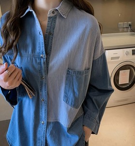Women Denim <b>Shirt</b> Long Sleeve Button Down Striped <b>Patchwork</b> Casual Loose Fit Top With Pockets All Seasons Wear - Product Image 3