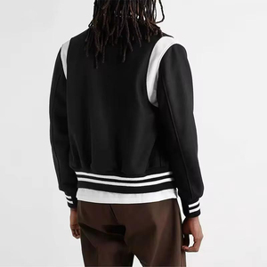 Men's Black Varsity <b>Jacket</b> With <b>White</b> Accents Preppy Style Regular Fit Autumn Wear Button Closure Turn-down Collar - Product Image 4