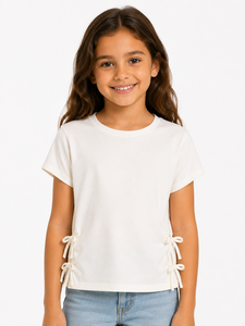 Camiseta Blanca con Lazo Lateral para Niñas, Top Informal de Algodón de Manga Corta, Camiseta Suave y Cómoda para Uso Diario, Ropa Elegante para Niñas - Product Image 1