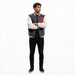 Blouson universitaire gris et blanc pour homme, style preppy, lettre S brodée sur le devant, simple boutonnage, col montant, coupe droite, coupe-vent - Product Image 2