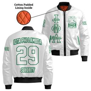 Chaqueta Universitaria Personalizada para Mujer Iota Phi Lambda, Blanca, con Escudo Griego en la Parte Delantera y Trasera, Número del Año, Cierre de Cremallera, Estilo Bomber - Product Image 4