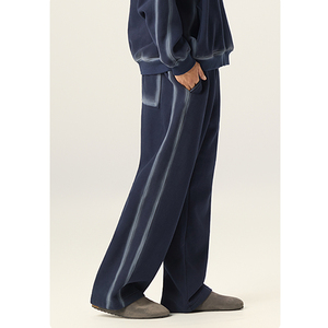 Pantalon de survêtement d'hiver pour homme en laine bleu marine, coupe droite, taille haute élastique, poches latérales, décontracté, ample, tricoté, ODM - Product Image 1