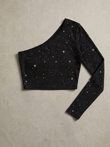 Blusa negra asimétrica brillante con pedrería de lujo personalizada, top corto de fiesta con un solo hombro, camisa ajustada de manga larga para mujer, ropa de club - Product Image 4