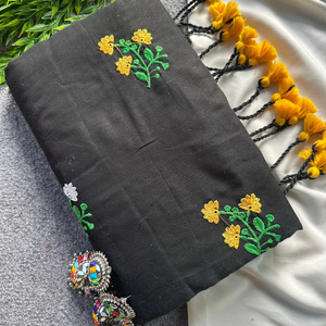 Traditional Khadi Cotton Indian Traditional Wear Women's Saree Flower Embroidery Work for <b>Wedding</b> Diwali Wrinkle Free Moisture - Product Image 1