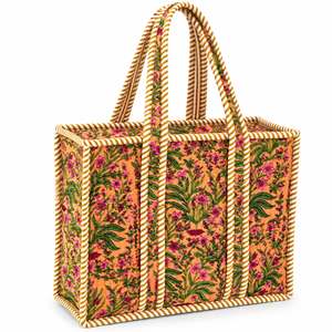 Floral <b>Canvas</b> Quilted <b>Tote</b> <b>Bag</b> with Candy Stripe Trim Zipper Closure <b>Large</b> Capacity Classic Style All Seasons Shopping <b>Bag</b> - Product Image 1