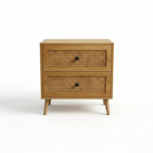 Table d'appoint moderne et écologique à 2 tiroirs en bois de caoutchouc, MDF, placage de chêne et détails en rotin. Table de rangement pour salon/chambre à coucher - Product Image 1