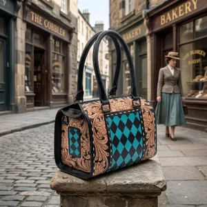 Vintage Genuine Leather Shoulder Bag Women Diamond Lattice Pattern Zipper Closure Two Handles Daily Use <b>Handbag</b> - Product Image 4