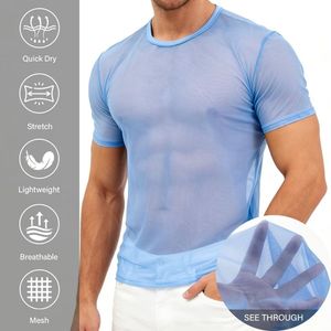 T-shirt à manches courtes en maille fine bleue, respirant, en polyester et élasthanne, anti-transpiration, flexible, couche de base pour le fitness, chemises en maille pour hommes - Product Image 3