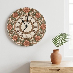 Horloge murale ronde en résine avec motif de roses, chiffres romains, design analogique à quartz traditionnel pour la décoration du salon - Product Image 1