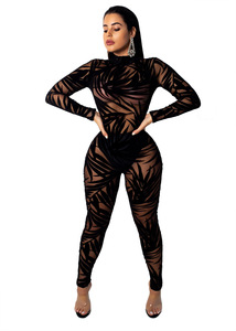 Mono negro transparente con estampado geométrico para mujer, cintura alta, manga larga, sexy, para discoteca, ajustado, largo completo - Product Image 5