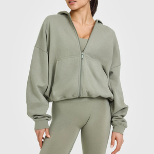Wholesale Custom Blank Women's <b>Zip</b> up <b>Hoodie</b> Custom Logo Puff Print Oversize Zipper Ribbed Cuffs <b>Hoodie</b> With Kangaroo <b>Pockets</b> - Product Image 1