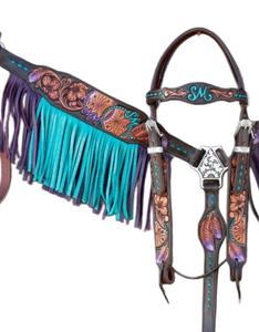 Púrpura y turquesa con flecos para caballos, juego de tachuelas, placa de pecho, cuero genuino, artículos ligeros de temporada para montar a caballo - Product Image 3