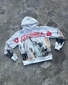 Sudadera con capucha personalizada con cremallera amarilla, diseño de estampado de diamantes de imitación y bolsillo, sudadera informal unisex. - Product Image 6