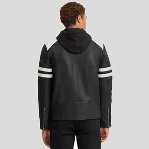 Blouson Homme Personnalisé en Cuir Véritable Noir à Capuche avec Rayures Blanches sur les Manches, Style Racer, Coupe Slim, en Peau de Mouton Souple, Veste Décontractée de Motard - Product Image 2