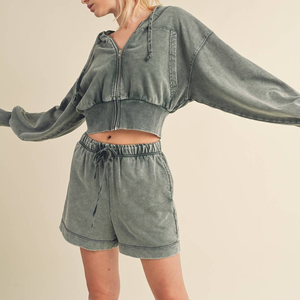 Ensemble court coupe droite respirant pour femme, décontracté, uni, été, écoresponsable, délavé à l'acide, haute qualité - Product Image 2