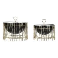 Plat de service rond en acier inoxydable de luxe avec couvercle noir mat, poignée à boucle dorée, bordure argentée et cadre vertical ondulé – Vente en gros