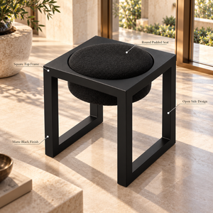 Contemporary Black Frame Accent <b>Stool</b> | Textured Round Cushion Recessed <b>Seat</b> Open Base Modern Geometric Seating Indoor Furniture - Product Image 4