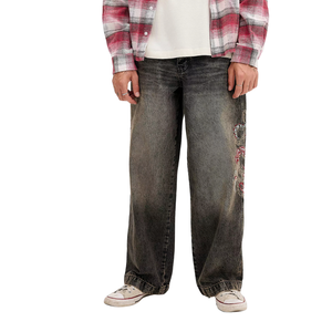 Jean en denim noir délavé pour homme, coupe ample, jambe droite, brodé, uni, style streetwear décontracté, vintage, mode quotidienne, printemps - Product Image 1