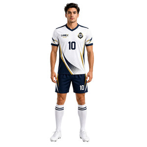 Ensemble d'uniformes de football blanc et marine de qualité supérieure avec accents dorés, kit de football respirant en polyester avec design personnalisé numéro 10 pour équipe - Product Image 3