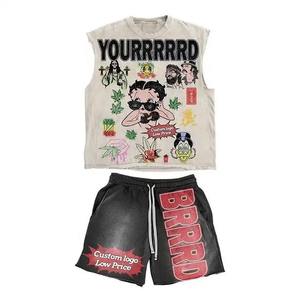 Conjunto de 2 piezas para hombre con efecto desgastado y lavado ácido, sin mangas, con dobladillo sin rematar, con logotipo personalizado, compuesto por camiseta sin mangas y pantalones cortos. - Product Image 6