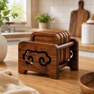 Handcrafted Teak Wood Coaster Set with Holder <b>Square</b> Rustic Drink Coasters for Coffee Cups Mugs Glasses Dining <b>Table</b> <b>Kitchen</b> - Product Image 1