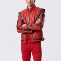 Veste en cuir rouge et noir style star pop, costume rétro iconique des années 80, veste unisexe pour cosplay d'Halloween