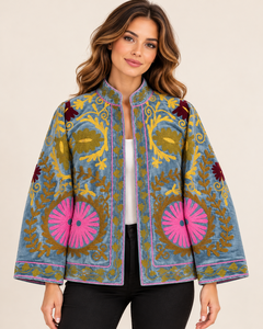 Custom Wholesale Hand Embroidered <b>Velvet</b> Bomber <b>Jacket</b> <b>Women</b> Floral Cotton Lined Boutique Coat - Product Image 5