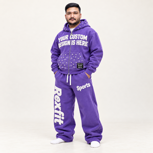 Conjunto de chándal unisex con cremallera y pedrería, pantalones de pierna ancha con letras aplicadas, etiqueta personalizada, estilo urbano, corte holgado, para otoño - Product Image 2