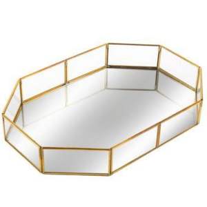 Bandeja Decorativa Octogonal Dorada con Espejo - Organizador de Joyas de Cristal, Almacenamiento de Perfumes y Maquillaje, Regalo Moderno para Decoración de Mesa de Boda - Product Image 1