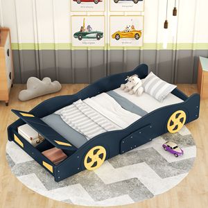 Letto a piattaforma a forma di auto da corsa blu scuro e giallo, singolo, con ruote e contenitore, per bambini - Product Image 1