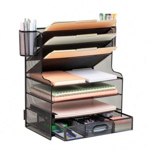 Metal Mesh Desk 6 Compartments 1 Drawer 2 <b>Pen</b> Cups Office Desktop File Organizer - Product Image 1