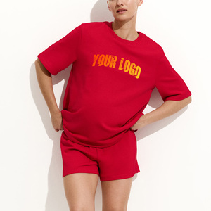 Ensemble deux pièces rouge pour femme, t-shirt à manches courtes et short, col rond, coupe ample, décontracté, printemps-été, 100% coton, imprimé avec des lettres - Product Image 5
