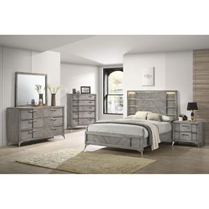 Letto contenitore imbottito grigio con impiallacciatura a venatura naturale - Product Image 1