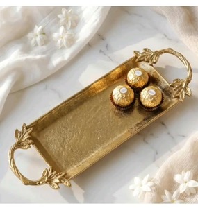 Rectangular Silver Decorative <b>Tray</b> With <b>Gold</b> Floral Handles Traditional Design Metal Handicraft Single Piece - Product Image 3