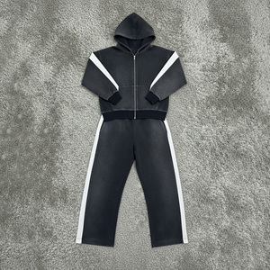 2026 Best Men's Black Hooded Tracksuit Set Solid Color Full <b>Zip</b> Sweatshirt Jogger Oversized Casual Sport Wear with <b>White</b> Stripes - Product Image 3