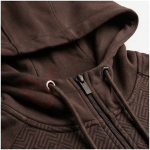 Ensemble de survêtement marron pour homme, manches longues, capuche, fermeture éclair sur le devant, motif géométrique, respirant, coupe décontractée, vêtements d'automne - Product Image 4