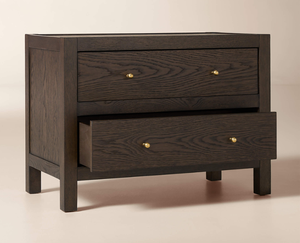 Modern Teak Wood Nightstand with Double <b>Drawers</b> and Gold Brass Knobs - Product Image 1
