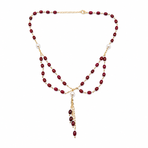 Custom Rhodium Plated <b>Necklace</b> Red <b>Ruby</b> Gemstone Beaded Dual Layer Lariat Pearl Tassel Drop Chain Fine Women Luxury Gift Jewelry - Product Image 3
