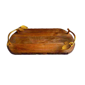 Greatest Quality Round Mango Wood <b>Tray</b> With Metal Handles For <b>Snack</b> Cookies And Tea Coffee Serving Platter For Table Organizer - Product Image 3