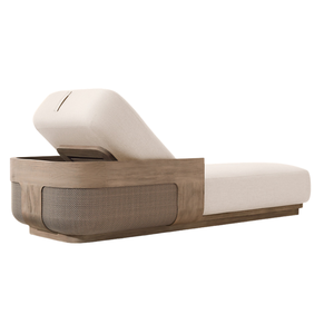 Chaise longue élégante en teck avec dossier bas réglable et détails en rotin tressé, lit de jour moderne pour l'extérieur, mobilier durable pour le bord de la piscine - Product Image 6