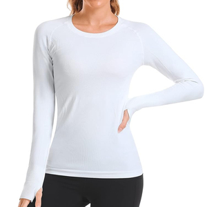 Camiseta de Yoga de Manga Larga Blanca para Mujer, Cuello Redondo, Color Sólido, Transpirable, Ropa Deportiva, Corte Regular, Manga Completa - Product Image 4