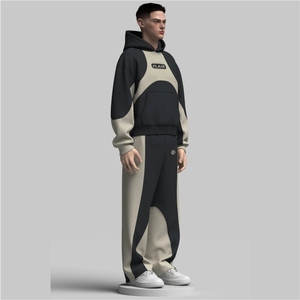 Survêtement en molleton de coton noir avec panneau beige uni pour homme - Product Image 2