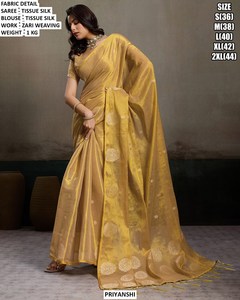 PRIYANSHI Tissue Silk Saree Zari Weaving Pink Yellow <b>Blouse</b> for Women Wedding Wear Regular Fit Floor Length Wrinkle-Free - Product Image 6