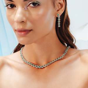 18K Gold Round Emerald & Diamond Wedding Choker Necklace with Snake Chain - Product Image 4
