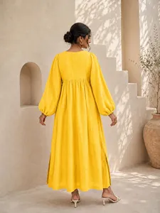Bohemian Yellow Plain Cotton Maxi <b>Dress</b> With V-Neck <b>Loose</b> Fit Puff Sleeve Summer Casual <b>Dress</b> For Women - Product Image 4