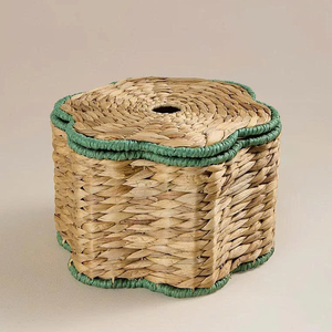 Panier pour enfants en jacinthe d'eau, tendance du moment, fait main, tissé, boîte de rangement, forme de fleur, ligne verte décorative, organisateur de jouets - Product Image 1