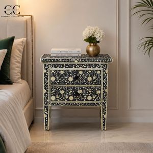 Bone Inlay Solid Wood Traditional Design Luxury Two-Drawer Nightstand with Floral Pattern for Bedroom - Product Image 1